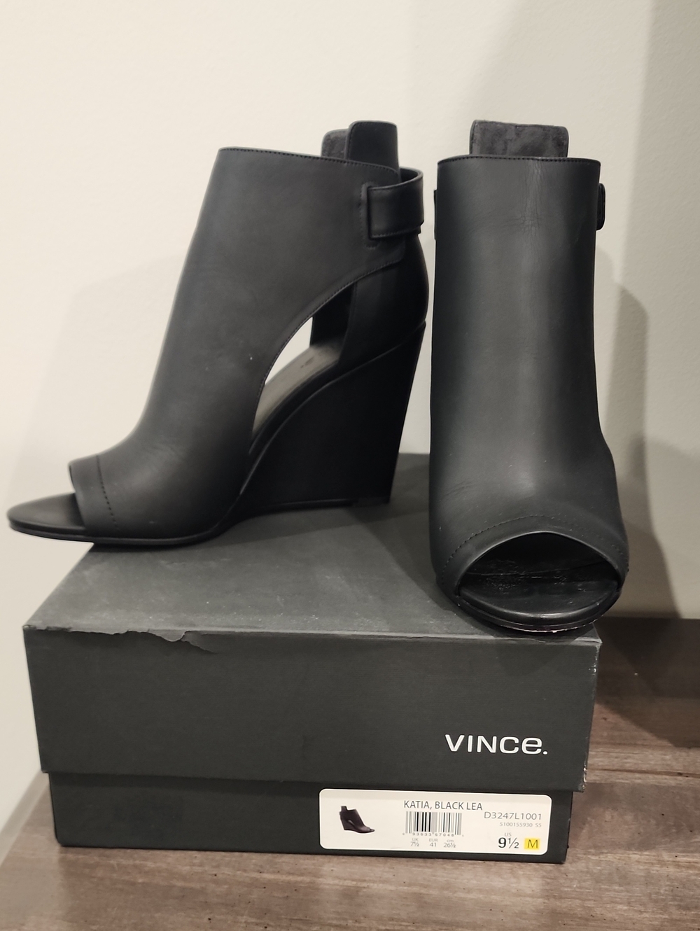 Vince Black Leather Open-Toe Wedge Booties